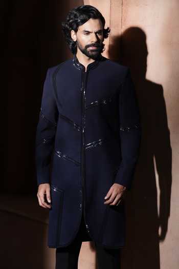 Buy_Varoin Marwah_Blue Suiting The Shining In Shadows Embroidered Sherwani Set _Online_at_Aza_Fashions