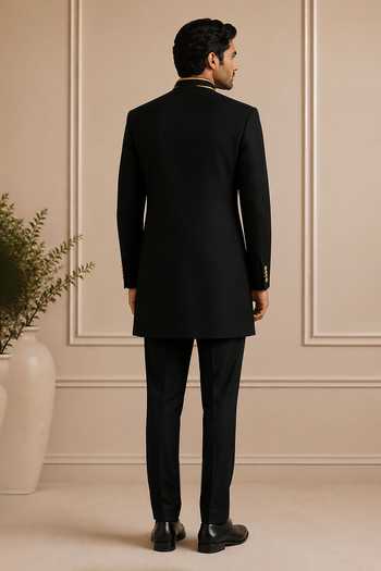 Shop Varoin Marwah Black Crepe Embroidered Sherwani Set at Aza Fashions Shop_Varoin Marwah_Black Crepe Embroidered Sherwani Set _at_Aza_Fashions