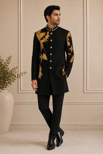 Varoin Marwah Black Crepe Embroidered Sherwani Set Online at Aza Fashions Varoin Marwah_Black Crepe Embroidered Sherwani Set _Online_at_Aza_Fashions