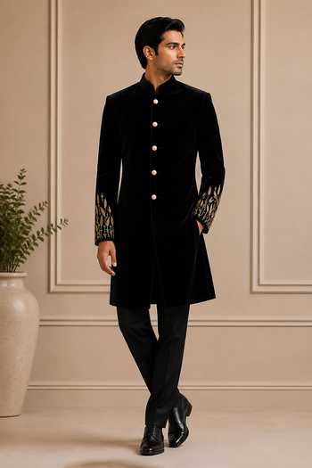 Varoin Marwah_Black Velvet Leaf Embroidered Sherwani _Online_at_Aza_Fashions