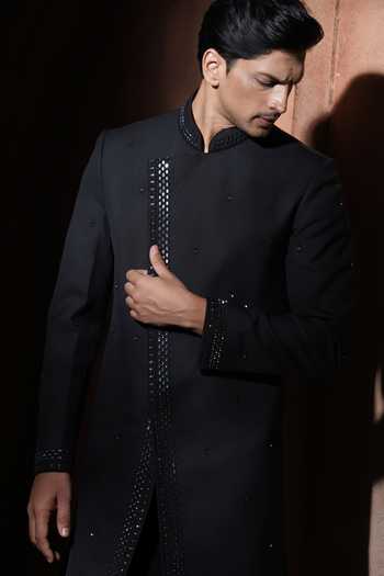 Varoin Marwah_Black Suiting The Midnight Mosaic Embroidered Sherwani Set _Online_at_Aza_Fashions