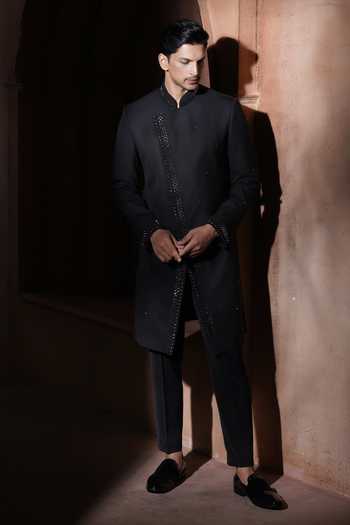 Buy_Varoin Marwah_Black Suiting The Midnight Mosaic Embroidered Sherwani Set _Online_at_Aza_Fashions