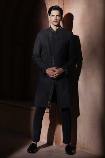 Shop_Varoin Marwah_Black Suiting The Midnight Mosaic Embroidered Sherwani Set _Online_at_Aza_Fashions