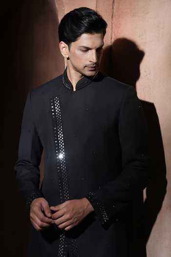 Varoin Marwah_Black Suiting The Midnight Mosaic Embroidered Sherwani Set _at_Aza_Fashions