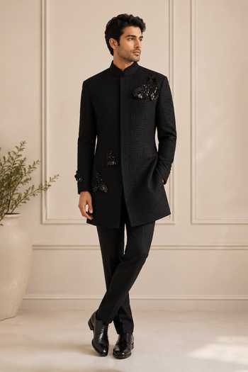 Varoin Marwah Black Suiting Sequins, Beads, Feathers Bird Embroidered Bandhgala Online at Aza Fashions Varoin Marwah_Black Suiting Sequins, Beads, Feathers Bird Embroidered Bandhgala _Online_at_Aza_Fashions