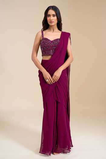 Aariyana Couture_Magenta Viscose Georgette Sweetheart Pre-draped Saree With Embroidered Blouse _Online_at_Aza_Fashions