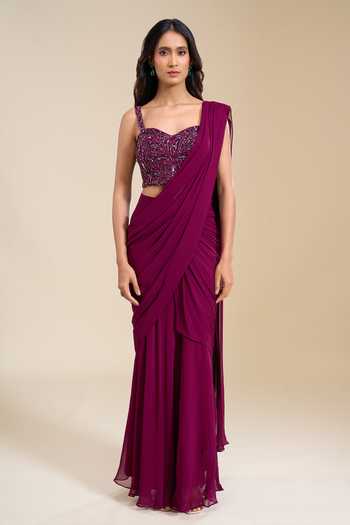 Buy_Aariyana Couture_Magenta Viscose Georgette Sweetheart Pre-draped Saree With Embroidered Blouse _Online_at_Aza_Fashions