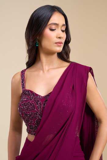 Shop_Aariyana Couture_Magenta Viscose Georgette Sweetheart Pre-draped Saree With Embroidered Blouse _Online_at_Aza_Fashions