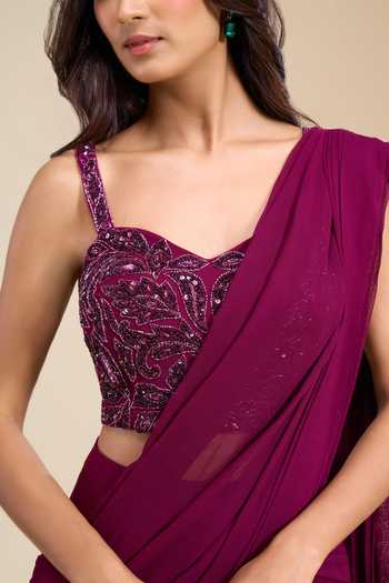 Aariyana Couture_Magenta Viscose Georgette Sweetheart Pre-draped Saree With Embroidered Blouse _at_Aza_Fashions