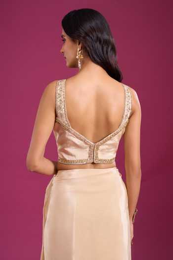 Buy_Aariyana Couture_Beige Viscose Georgette Sweetheart Neck Pre-draped Saree With Bead Work Blouse _Online_at_Aza_Fashions