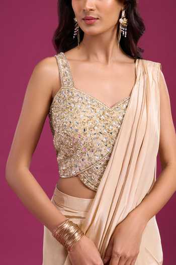 Shop_Aariyana Couture_Beige Viscose Georgette Sweetheart Neck Pre-draped Saree With Bead Work Blouse _Online_at_Aza_Fashions