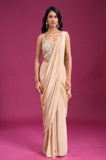 Buy_Aariyana Couture_Beige Viscose Georgette Sweetheart Neck Pre-draped Saree With Bead Work Blouse 