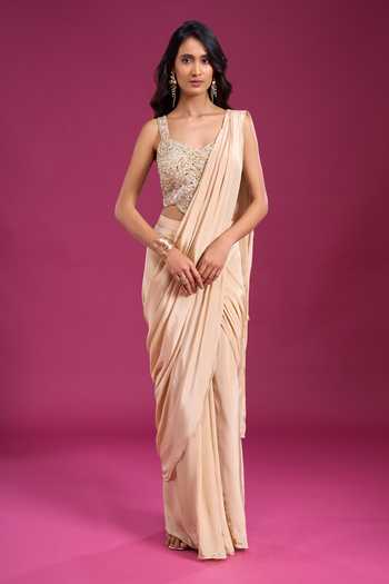 Shop_Aariyana Couture_Beige Viscose Georgette Sweetheart Neck Pre-draped Saree With Bead Work Blouse 