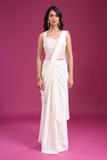 Aariyana Couture_Ivory Viscose Georgette Pre-draped Saree With Stripe Embroidered Blouse _Online_at_Aza_Fashions