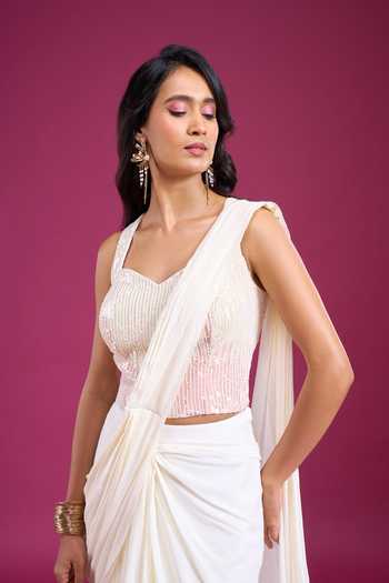 Buy_Aariyana Couture_Ivory Viscose Georgette Pre-draped Saree With Stripe Embroidered Blouse _Online_at_Aza_Fashions