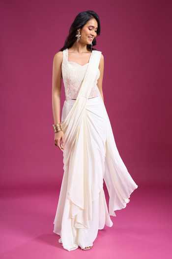 Aariyana Couture_Ivory Viscose Georgette Pre-draped Saree With Stripe Embroidered Blouse _at_Aza_Fashions