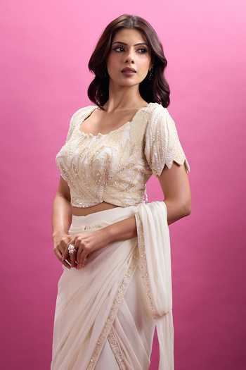 Buy_Aariyana Couture_Ivory Viscose Georgette Round Neck Border Embroidered Pre-draped Saree Set _Online_at_Aza_Fashions