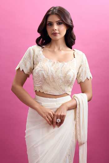 Shop_Aariyana Couture_Ivory Viscose Georgette Round Neck Border Embroidered Pre-draped Saree Set _Online_at_Aza_Fashions