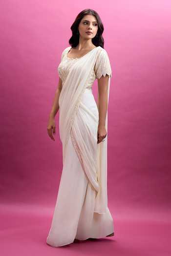Aariyana Couture_Ivory Viscose Georgette Round Neck Border Embroidered Pre-draped Saree Set _at_Aza_Fashions