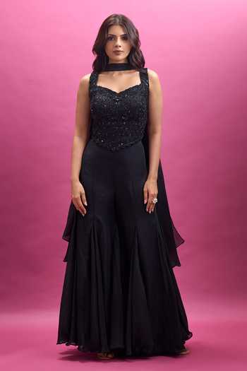 Aariyana Couture_Black Viscose Georgette Sweetheart Neck Embroidered Blouse Sharara Set _Online_at_Aza_Fashions