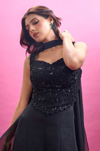 Shop_Aariyana Couture_Black Viscose Georgette Sweetheart Neck Embroidered Blouse Sharara Set _Online_at_Aza_Fashions