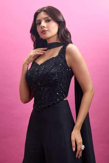 Aariyana Couture_Black Viscose Georgette Sweetheart Neck Embroidered Blouse Sharara Set _at_Aza_Fashions