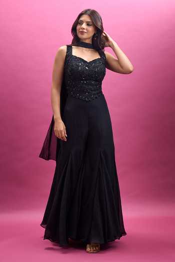 Buy_Aariyana Couture_Black Viscose Georgette Sweetheart Neck Embroidered Blouse Sharara Set 