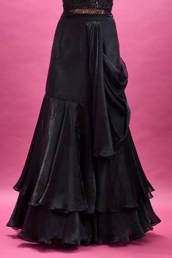 Aariyana Couture_Black Viscose Georgette Halter Neck Embroidered Blouse And Draped Lehenga Set _Online_at_Aza_Fashions