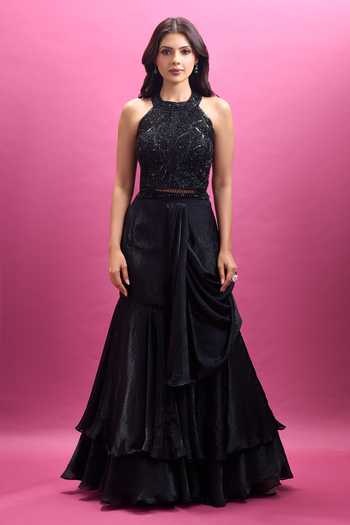 Shop_Aariyana Couture_Black Viscose Georgette Halter Neck Embroidered Blouse And Draped Lehenga Set _Online_at_Aza_Fashions