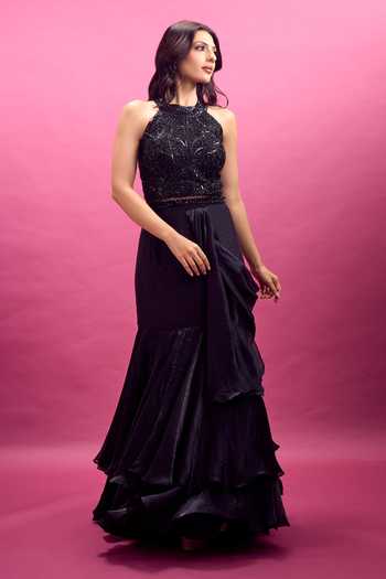 Aariyana Couture_Black Viscose Georgette Halter Neck Embroidered Blouse And Draped Lehenga Set _at_Aza_Fashions
