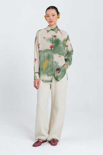 Jodi Green Cotton Collared Neck Sway Printed Shirt Online at Aza Fashions Jodi_Green Cotton Collared Neck Sway Printed Shirt _Online_at_Aza_Fashions