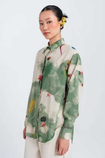 Buy Jodi Green Cotton Collared Neck Sway Printed Shirt Online at Aza Fashions Buy_Jodi_Green Cotton Collared Neck Sway Printed Shirt _Online_at_Aza_Fashions