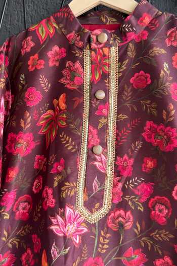 The Little Tales Maroon Silk, Cotton Printed Kurta Pyjama Set at Aza Fashions The Little Tales_Maroon Silk, Cotton Printed Kurta Pyjama Set _at_Aza_Fashions