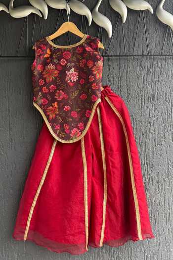 The Little Tales Maroon Silk, Cotton, Organza Lace Printed Top And Palazzo Set at Aza Fashions The Little Tales_Maroon Silk, Cotton, Organza Lace Printed Top And Palazzo Set _at_Aza_Fashions