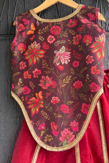 Buy The Little Tales Maroon Silk, Cotton, Organza Lace Printed Top And Palazzo Set Buy_The Little Tales_Maroon Silk, Cotton, Organza Lace Printed Top And Palazzo Set