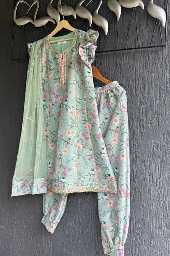The Little Tales Green Silk, Cotton, Net Bird Print Kurta Set Online at Aza Fashions The Little Tales_Green Silk, Cotton, Net Bird Print Kurta Set _Online_at_Aza_Fashions