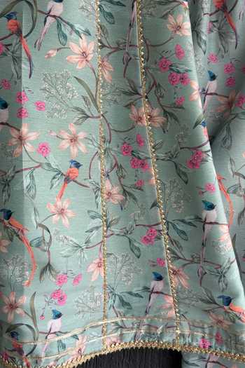 The Little Tales Green Silk, Cotton, Net Bird Print Kurta Set at Aza Fashions The Little Tales_Green Silk, Cotton, Net Bird Print Kurta Set _at_Aza_Fashions