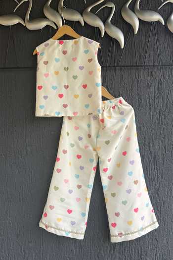 The little tales Off White Silk, Cotton Heart Print Pant Set at Aza Fashions The little tales_Off White Silk, Cotton Heart Print Pant Set _at_Aza_Fashions