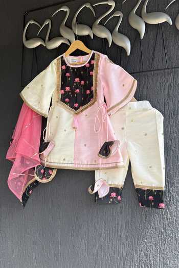 The Little Tales Pink Silk, Cotton, Net Lotus Print A-line Kurta Set at Aza Fashions The Little Tales_Pink Silk, Cotton, Net Lotus Print A-line Kurta Set _at_Aza_Fashions