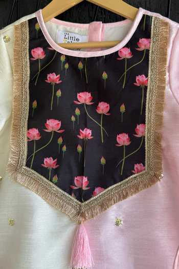Shop The Little Tales Pink Silk, Cotton, Net Lotus Print A-line Kurta Set Shop_The Little Tales_Pink Silk, Cotton, Net Lotus Print A-line Kurta Set
