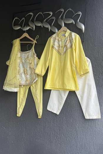 The Little Tales Yellow Silk, Cotton, Net Strappy Kurta Dhoti Pant Set Online at Aza Fashions The Little Tales_Yellow Silk, Cotton, Net Strappy Kurta Dhoti Pant Set _Online_at_Aza_Fashions