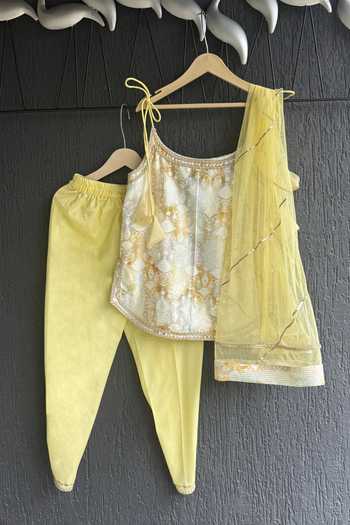 Shop The Little Tales Yellow Silk, Cotton, Net Strappy Kurta Dhoti Pant Set Shop_The Little Tales_Yellow Silk, Cotton, Net Strappy Kurta Dhoti Pant Set