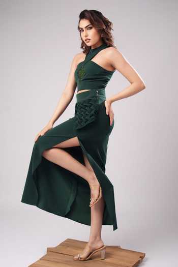 Ahi Clothing_Emerald Green Crepe Halter , Keyhole Hazel Sculpted Skirt Set _Online_at_Aza_Fashions