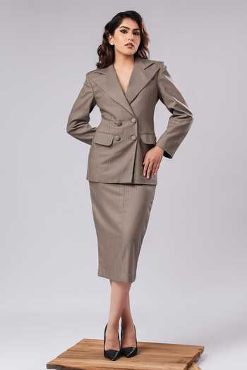Buy Ahi Clothing Beige Crepe, Suiting Cecilia Taupe Pinestripe Power Skirt Set Online at Aza Fashions Buy_Ahi Clothing_Beige Crepe, Suiting Cecilia Taupe Pinestripe Power Skirt Set _Online_at_Aza_Fashions