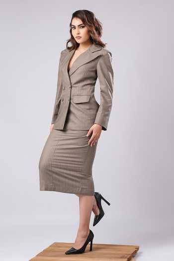 Shop Ahi Clothing Beige Crepe, Suiting Cecilia Taupe Pinestripe Power Skirt Set Online at Aza Fashions Shop_Ahi Clothing_Beige Crepe, Suiting Cecilia Taupe Pinestripe Power Skirt Set _Online_at_Aza_Fashions