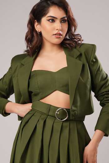 Ahi Clothing Olive Green Suiting, Crepe Bandeau Neck Eve Modern Tailored Co-ord Skirt Set at Aza Fashions Ahi Clothing_Olive Green Suiting, Crepe Bandeau Neck Eve Modern Tailored Co-ord Skirt Set _at_Aza_Fashions