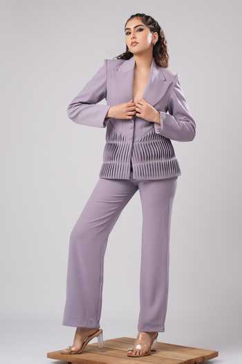 Shop Ahi Clothing Lilac Crepe, Suiting V-neck Seren Blazer And Pant Set Online at Aza Fashions Shop_Ahi Clothing_Lilac Crepe, Suiting V-neck Seren Blazer And Pant Set _Online_at_Aza_Fashions