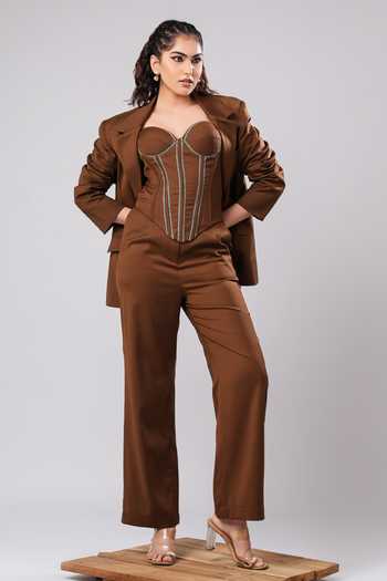Ahi Clothing Brown Crepe, Suiting Sweetheart Neck Nixie Mocha Corset Power Blazer Set Online at Aza Fashions Ahi Clothing_Brown Crepe, Suiting Sweetheart Neck Nixie Mocha Corset Power Blazer Set _Online_at_Aza_Fashions