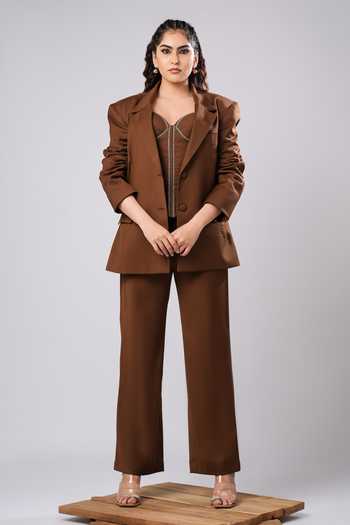 Shop Ahi Clothing Brown Crepe, Suiting Sweetheart Neck Nixie Mocha Corset Power Blazer Set Online at Aza Fashions Shop_Ahi Clothing_Brown Crepe, Suiting Sweetheart Neck Nixie Mocha Corset Power Blazer Set _Online_at_Aza_Fashions