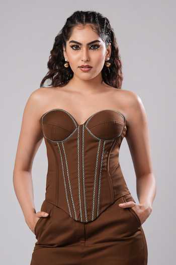 Ahi Clothing Brown Crepe, Suiting Sweetheart Neck Nixie Mocha Corset Power Blazer Set at Aza Fashions Ahi Clothing_Brown Crepe, Suiting Sweetheart Neck Nixie Mocha Corset Power Blazer Set _at_Aza_Fashions